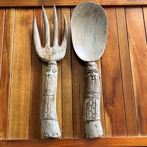 Vintage Handcarved Intricate Wood Serving Fork and Spoon​